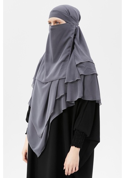 Altobeh Hazır Pratik Şifon Üç Katlı Peçeli Üçgen Hac Umre Şalı Sufle Hijab Nikap Füme