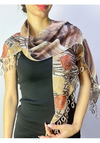 Gönülden Tasarım 160x45 Cm Çift Taraflı Çiçekli Ve Ekose Desenli Üçgen Kadın Fular Şal Renkli