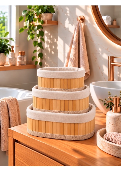 Kuzeylife Bambu Trio Oval 3lü Sepet Seti Kahverengi