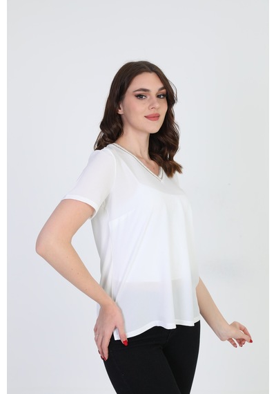 Ella Camelia Kadın Yaka İşlemeli Bluz 9E013 Ekru