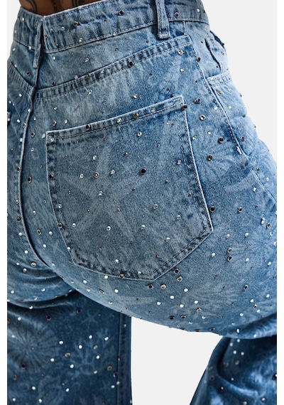 it's basic Kadın Kot Rengi T-2s6-27 Straight Fit Özel Baskılı Kumaş Parlak Taşlı Tasarım Denim Jean