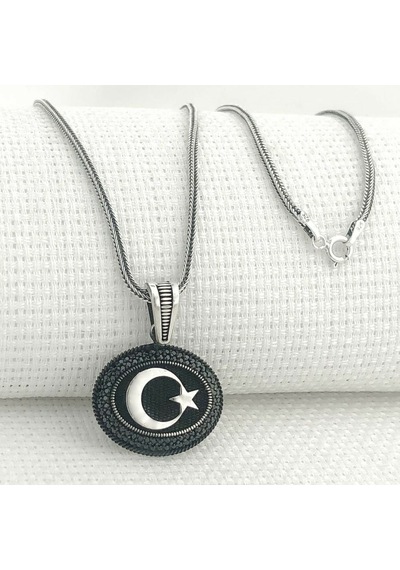 925 Ayar Gümüş Siyah Taşlı Ayyıldız Erkek Kolye Gümüş