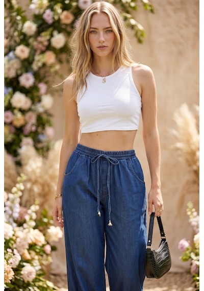 Soulshae Yüksek Bel Beli Lastikli Denim Pantolon Mavi