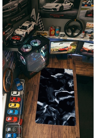 Mürekkep Duman Gaming Mousepad Xxl 90x40 Cm Kaymaz Taban Dikişli Kenar Siyah Beyaz Oyuncu Mousepad
