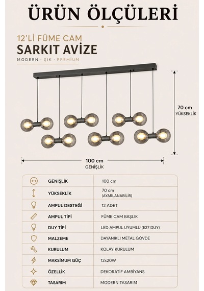 Eskitme Premium Led Füme Cam Sarkıt Avize Yemek Masası Salon Avizesi 12x20w