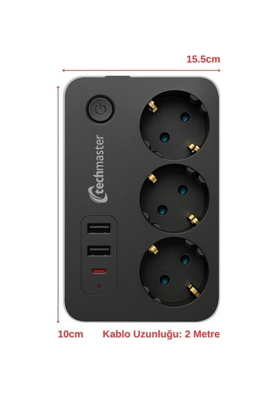 2 Usb + Type-c Akım Ve Çocuk Korumalı 3lü Kare Priz 2mt