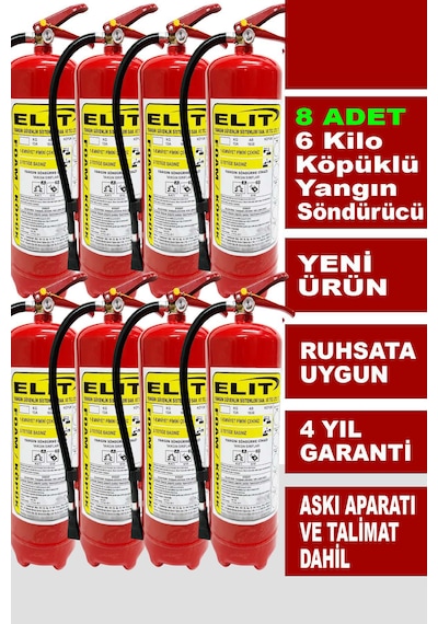 6 Kg Köpüklü Yangın Söndürme Tüpü Askı Aparatı Ve Talimat Dahil Ruhsata Uygun 8'li Paket