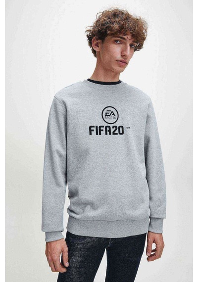 Fıfa 2020 Baskılı Gri Melanj Erkek Örme Sweatshirt