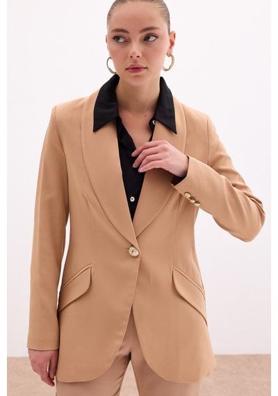 Sateen Düğme Detaylı Uzun Ceket - Camel-131431 CAMEL