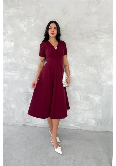 Dipmoda Kadın Esnek V-yaka Midi Boy Astarsız Elbise Dpk4179 Bordo