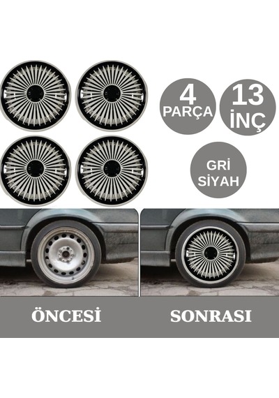 Jant Kapağı Takımı Abiyes 13 İnç Tüm Jantlar İle Uyumlu Tekerlek Göbeği Koruyucu 4 Parça Gri Siyah Glz02702370