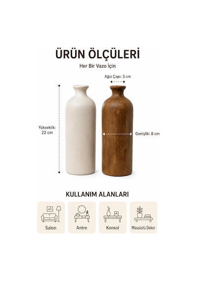2'li Seramik Silindir Vazo Seti Beyaz Ve Kahverengi 22 Cm Dekoratif Masaüstü Vazo Beyaz-kahverengi