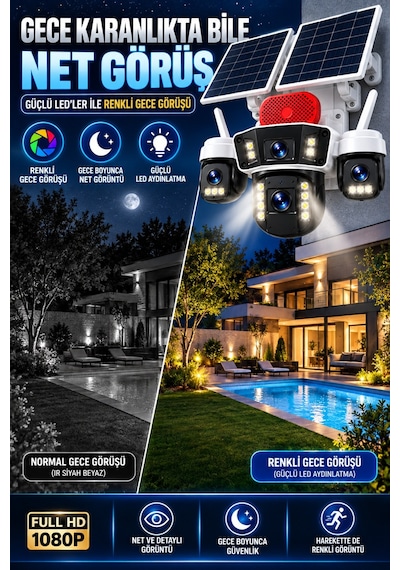 4 Kameralı 4g Sım Kartlı Solar Güvenlik Kamerası Çift Güneş Panelli Ptz Gece Görüş Sirenli Ip66 Okam Pro Uygulama