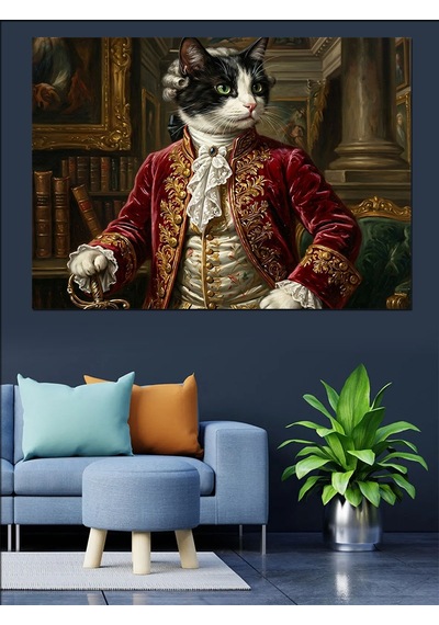 Aristokrat Kostümlü Kedi Portresi Dekoratif Kanvas - Mdf Ahşap Tablo