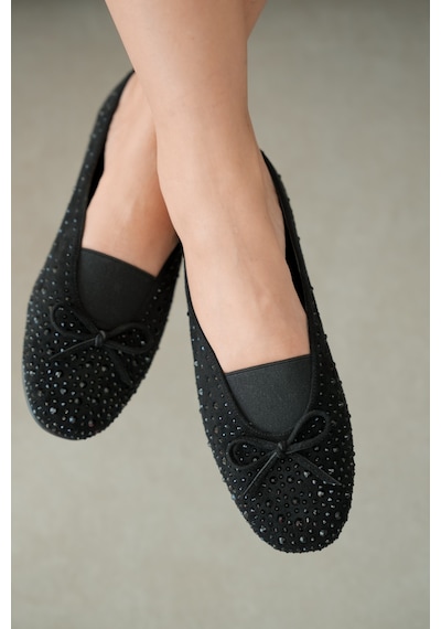 Selin Shoes Ziva Süet Üzeri Taş Detay Fiyonk Aksesuar Kadın Babet- Siyah Süet