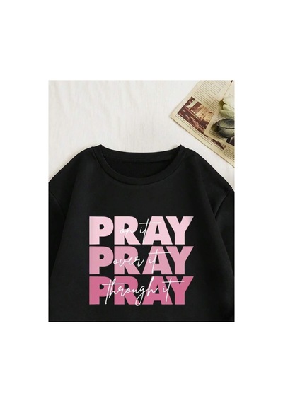 Magors Stıl-x Sevgililer Gününe Özel Pray Baskılı Oversıze Bisiklet Yaka Sweatshırt Siyah