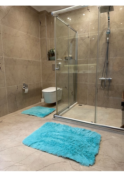 Tavşan Turkuaz Kaymaz Tabanlı 2'li Banyo Halısı Seti