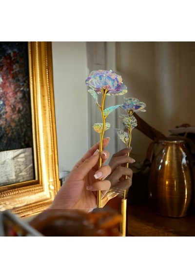Sevgililer Günü Ve Öğretmenler Günü Hediyesi Solmayan Tekli Galaxy Rose, Gold Saplı Işıltılı Sonsuzluk Gülü 1 Adet Gül