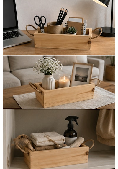 Çok Amaçlı Ahşap Dekoratif Düzenleyici Sepet 30x14 Cm Doğal Çam Ağacı Jüt İp Kulplu
