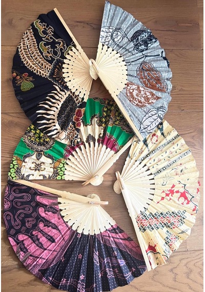Endonezya Batik Kumaş Bambu Ahşap Yelpaze 27 Cm El Yapımı Vintage Japon El Fanı Büyük Boy 2 Adet