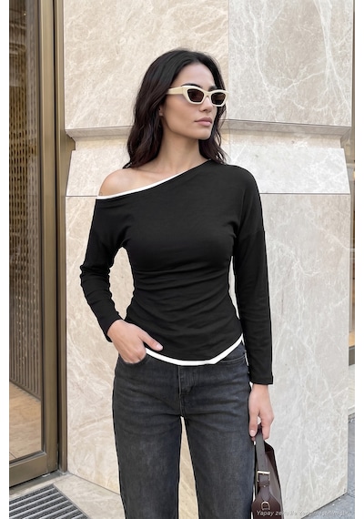 Lela Kayık Yaka Çift Katlı Görünümlü Bluz Kadın Bluz 5866954 Siyah