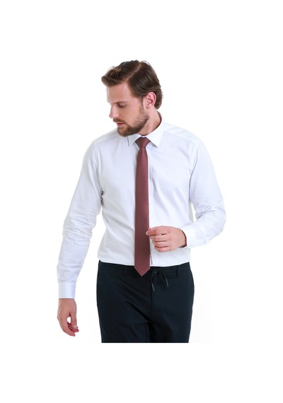 Hatemoğlu Beyaz Slim Fit Düz 100% Pamuk Slim Yaka Uzun Kollu Saten Gömlek 27787 4111993