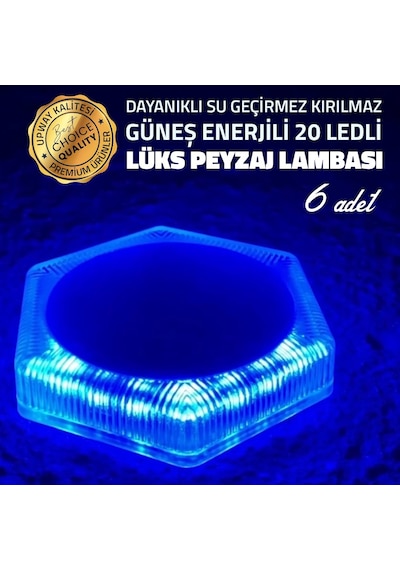 Upway 6'lı Güneş Enerjili Mavi Peyzaj Lambası - 20 Led Ip68 Su Geçirmez Kırılmaz Paslanmaz Mavi