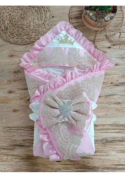 Yenidoğan Grand Lüks Kelebek Ağır Güpür İşlemeli Şapkalı Bebek Battaniyesi Kundak Pembe Çok Renkli