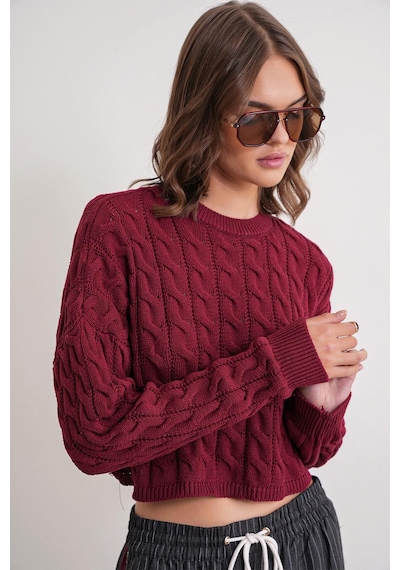 Mixray 6863 Kadın Saç Örgülü Crop Triko Kazak Bordo