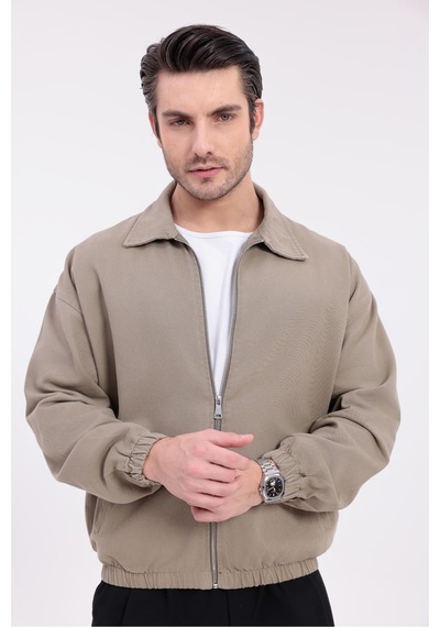 Erkek Gabardin Kumaş Fermuarlı Oversize Mevsimlik Ceket-144 Haki
