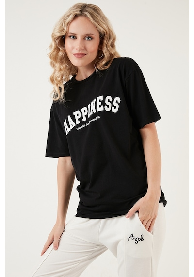 Lela Baskılı Pamuklu Oversize Bisiklet Yaka Bayan T Shirt 541Happiness Siyah