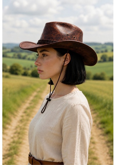 Gigi Luxe Vegan Deri Unisex Kovboy Şapkası Vintage Western Tarz Geniş Kenarlı Premium Kalite Taba Taba