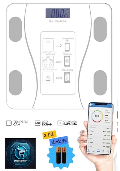 Dijital Baskül Yağ Su Kas Vücut Kitle Endeksi Kilo Ölçer Tartı Beyaz