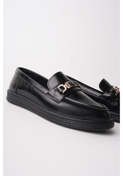 Muggo Oxfordia Metal Tokalı Kadın Günlük Loafer Ayakkabı Siyah