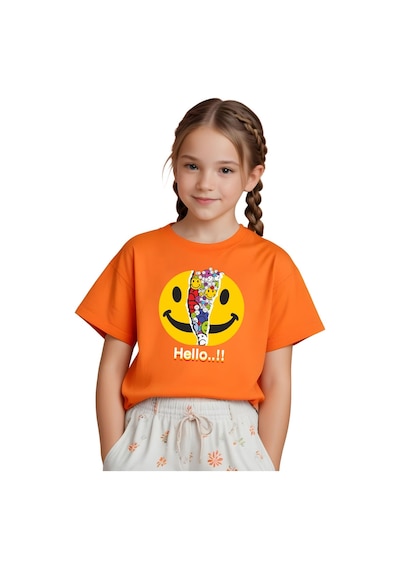 Panios Kids Emoji Baskılı Kız Çocuk Kısa Kollu T-shirt Turuncu