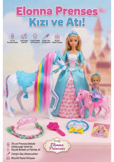 Elonna Princess Yeleli Unicorn At Ve 30 Cm Prenses Bebek Oyun Seti - Saç Aksesuarlı