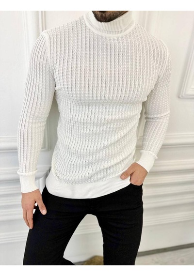 Kazak Slim Fit Tüylenmez Naturel Pamuk Triko Boğazlı Balıkçı Yaka Kazak Beyaz