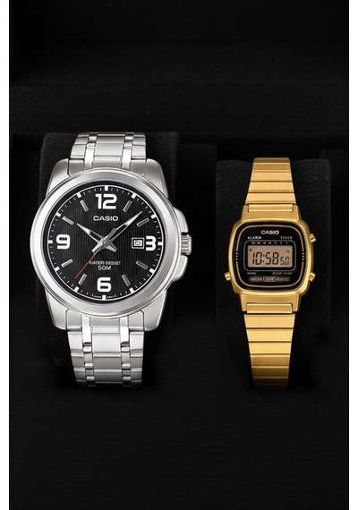 Casio Mtp-1314d-1avdf-la670wga-1df Çift Saat Seti Analog Ve Dijital Metal Kordon Gri