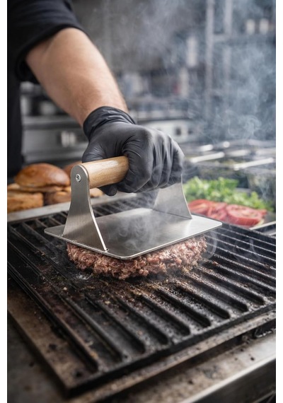 304 Paslanmaz Çelik Kare Burger Presi / 12 Cm Ahşap Saplı Smasher / 3 Mm Kalın Paslanmaz Çelik Gövde / Izgara Ve B