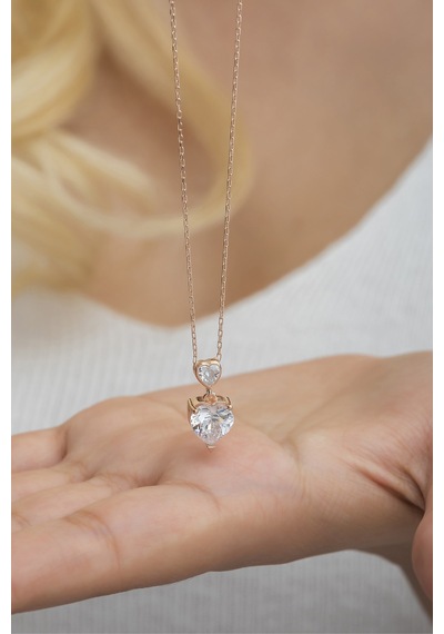 925 Ayar Gümüş Beyaz Taşlı Çift Kalp Tasarım Kolye Rose Gold
