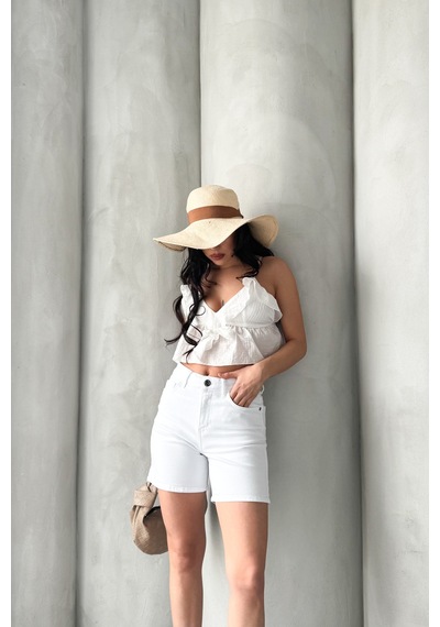 HLT Jeans Kadın Beyaz Yıkamalı Mom Fit Yüksek Bel Likralı Denim Şort Lily-2078