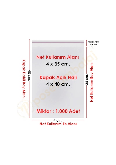 4x35+5 Cm. 4x40 1.000 Adet Şeffaf Bantlı Yapışkanlı Opp Poşet