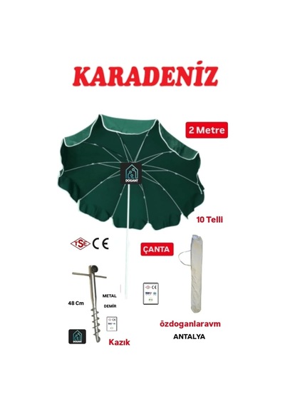 Karadeniz Plaj Balkon Kamp Şemsiyesi 2 Metre, 10 Telli, Yeşil, Metal Kazık Ve Taşıma Çantası Seti Çok Renkli