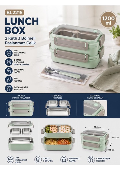 Vagonlife Bl2215 Açık Mavi 1200 Ml 2 Katlı 3 Bölmeli Paslanmaz Çelik Yemek Kabı Lunch Box Çok Renkli