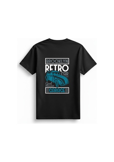 Paybuy Kadın Retro Otomobil Baskılı Kısa Kollu Tişört Brooklyn Garaj Tem Siyah
