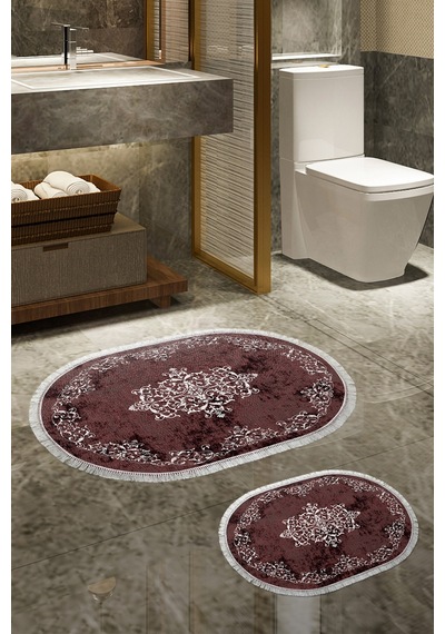 Alanur Trend Kaymaz Taban Oval Saçaklı Dijital Banyo Takımı Bordo
