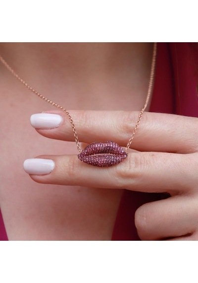 Zirkon Taşlı Dudak Figürlü Rose Gold Kaplama Asansör Zincirli Gümüş Set Gümüş