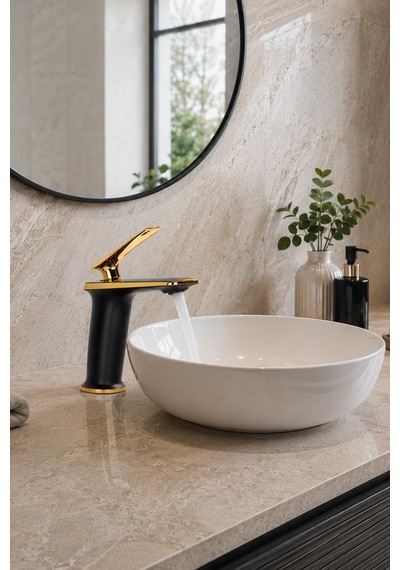 Forma Kısa Lavabo Bataryası Mat Sıyah-altın Mat Siyah-altın
