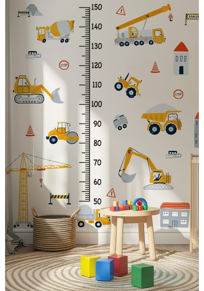İş Makinaları Temalı Boy Cetvelli Çocuk Bebek Odası Sticker Seti Boy Cetveli İş Makinalı Sticker Dijital Baskı