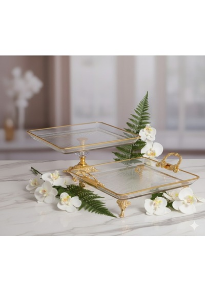 Çnr Home Collection 2 'li Paşabahçe Kristal Metal Ayakli Yaldizli Kare Pasta Sunumluk Kurabiyelik Altin